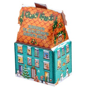 Подарочный набор сладостей в виде домика в картонной коробке.