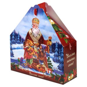 Новогодний сладкий набор в картонной коробке с изображением Деда Мороза.
