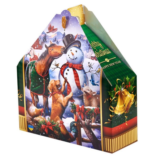 Новогодняя коробка со сладостями с изображением снеговика