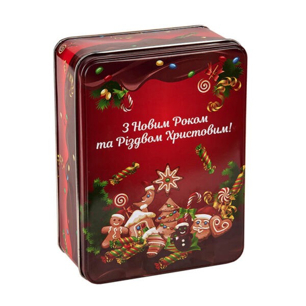 Новогодний подарок с вкусными сладостями в металлической упаковке